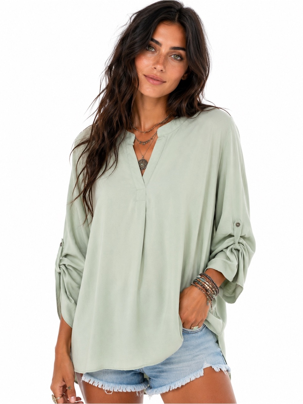 NWT Olive & Oak Sage Green Tunic Blouse Roll Tab Sleeves XL
